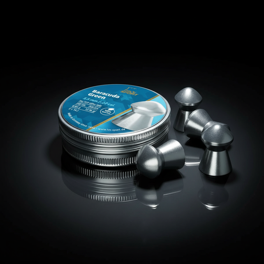 H&N Sport Baracuda Green piombini senza piombo 5,5mm 200pz su sfondo scuro con piano a specchio