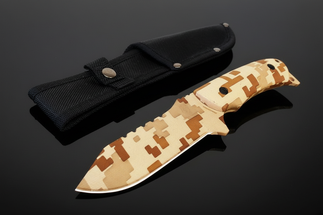 Coltello tattico Desert Storm a lama fissa in acciaio inox con mimetico digitale tan e impugnatura ABS antiscivolo accanto al fodero in Cordura nera – sfondo scuro con piano a specchio