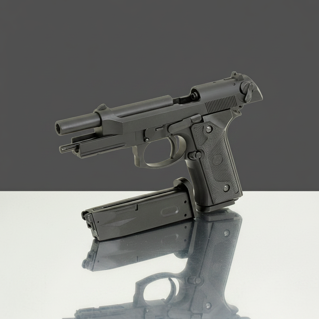 Pistola softair a gas M9 Vertec Blowback smontata con caricatore estratto su sfondo scuro piano a specchio
