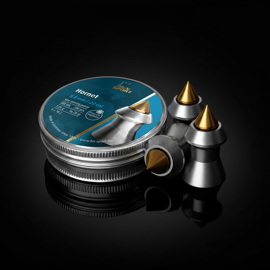 H&N Sport Hornet piombini punta dorata 5,5mm 200pz su sfondo scuro con piano a specchio