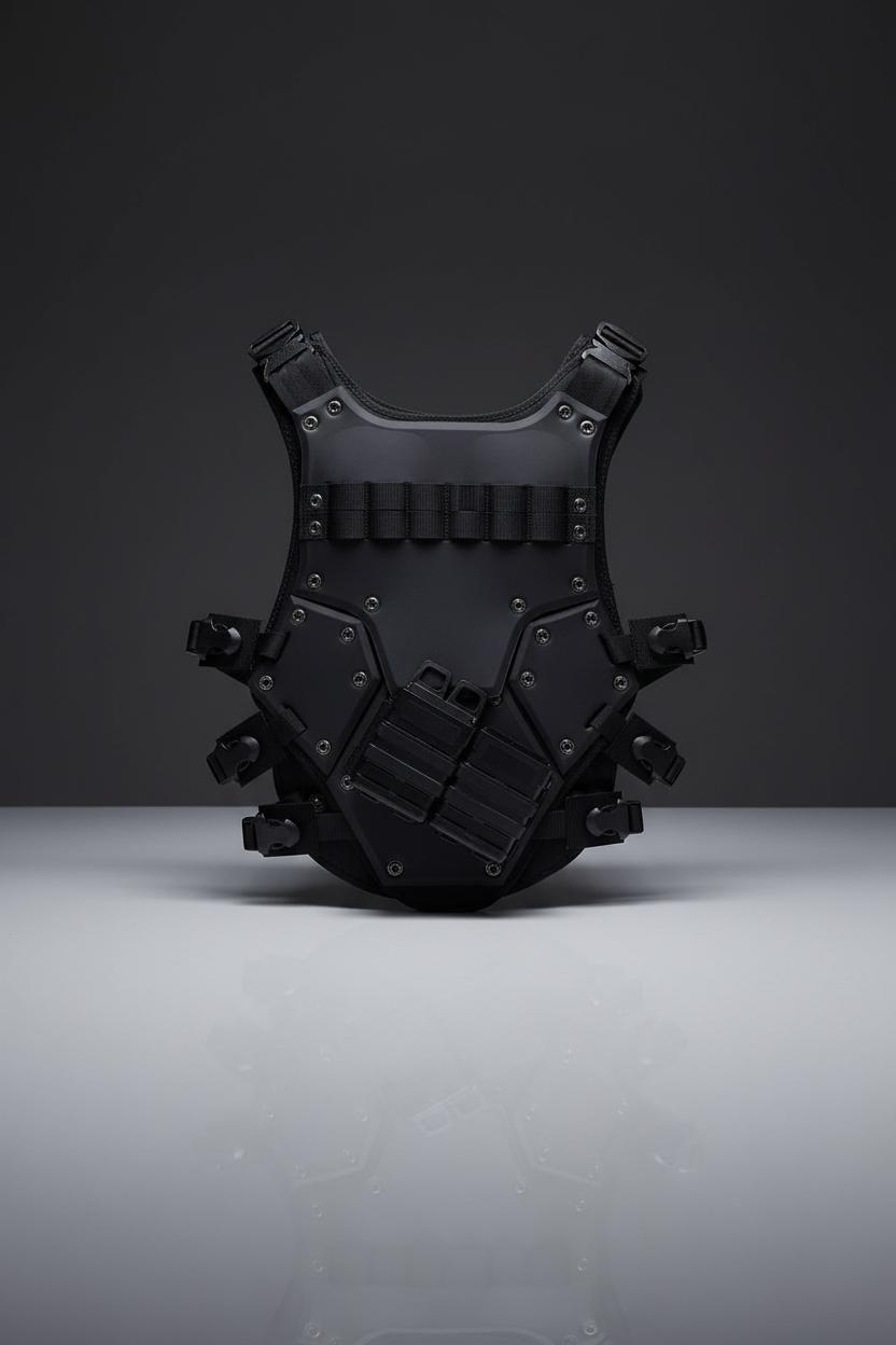 Gilet tattico softair Big Foot Transformers nero con pannelli in gomma e sistema MOLLE su sfondo scuro piano a specchio