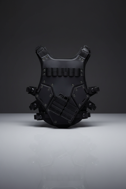Gilet tattico softair Big Foot Transformers nero con pannelli in gomma e sistema MOLLE su sfondo scuro piano a specchio