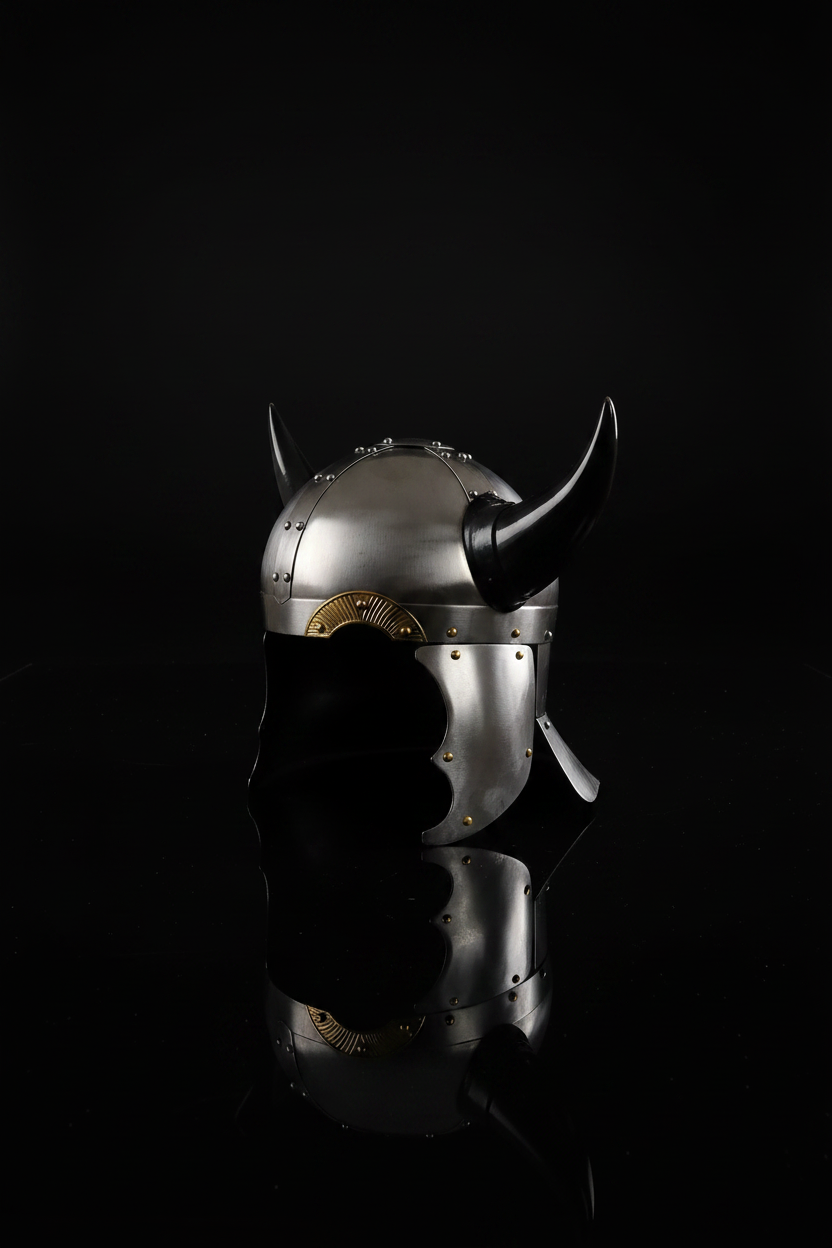 Casque viking en acier vu de dos avec cornes et décorations dorées – réplique ornementale médiévale