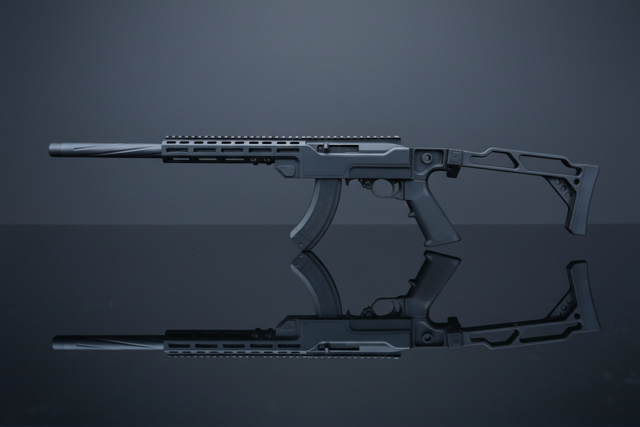 Ace 1 Arms X22 su sfondo grigio scuro con piano a specchio