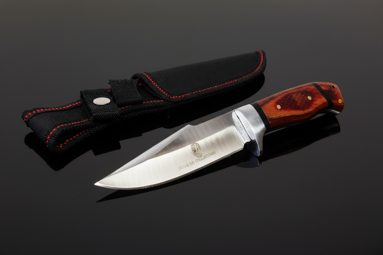 Coltello a lama fissa con impugnatura in vero legno naturale marrone e fodero in Cordura nera su sfondo scuro con piano a specchio