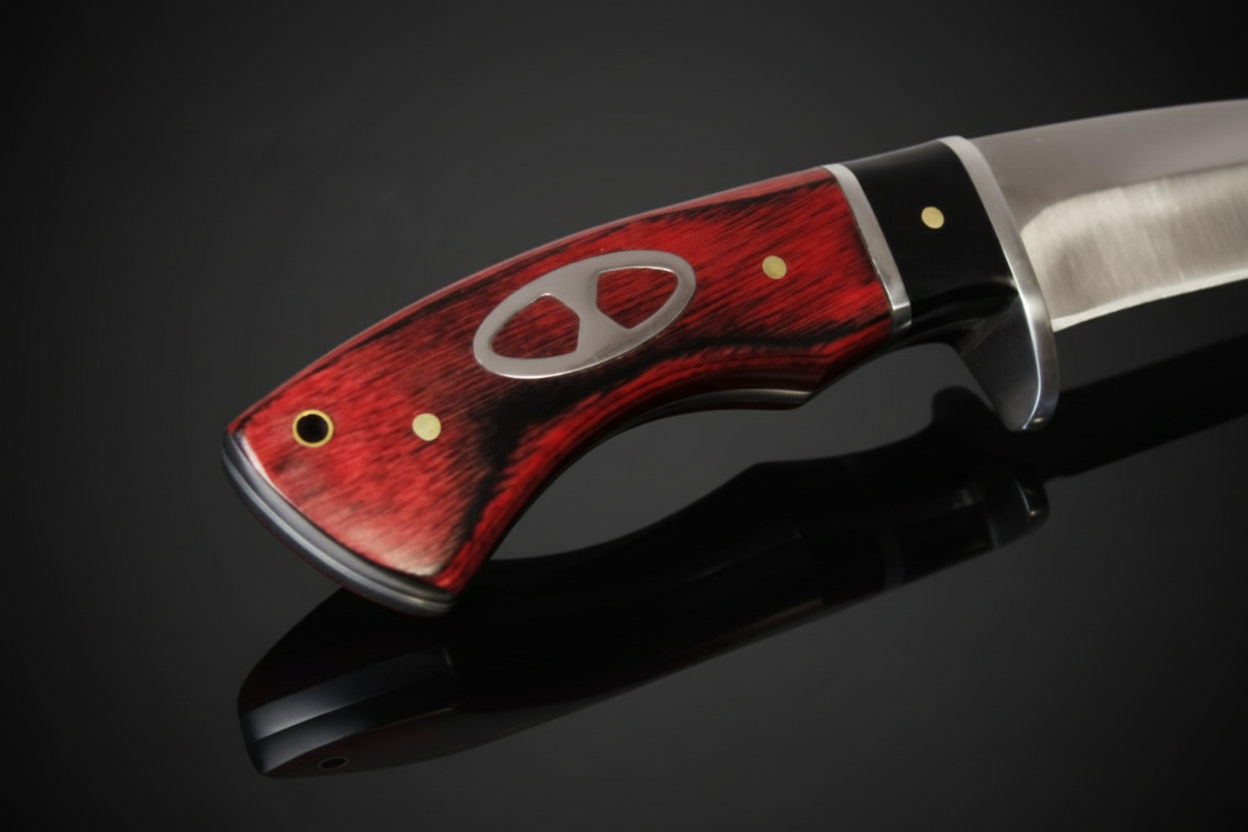 Détail du manche en vrai bois rouge foncé du couteau à lame fixe avec garde en métal – fond sombre avec effet miroir