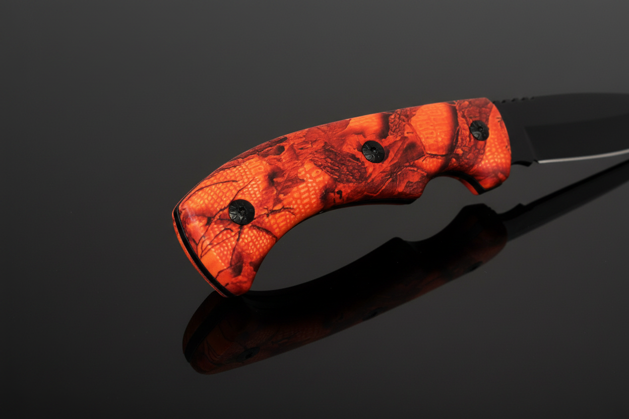 Detalle del mango de camuflaje naranja antideslizante del cuchillo Skinner de hoja fija – fondo oscuro con efecto espejo