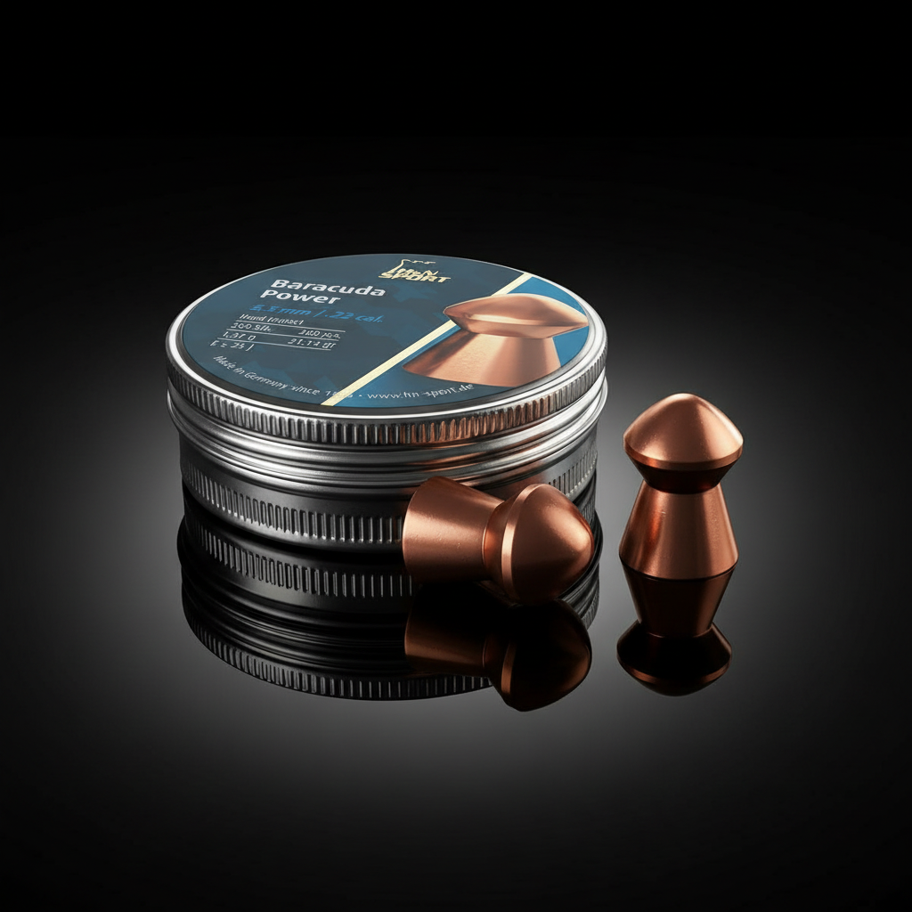 H&N Sport Baracuda Power piombini ramati 5,5mm 200pz su sfondo scuro con piano a specchio