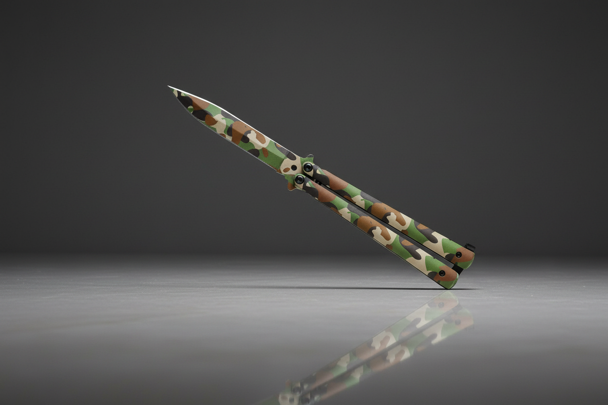 Coltello Butterfly Mimetico in acciaio aperto