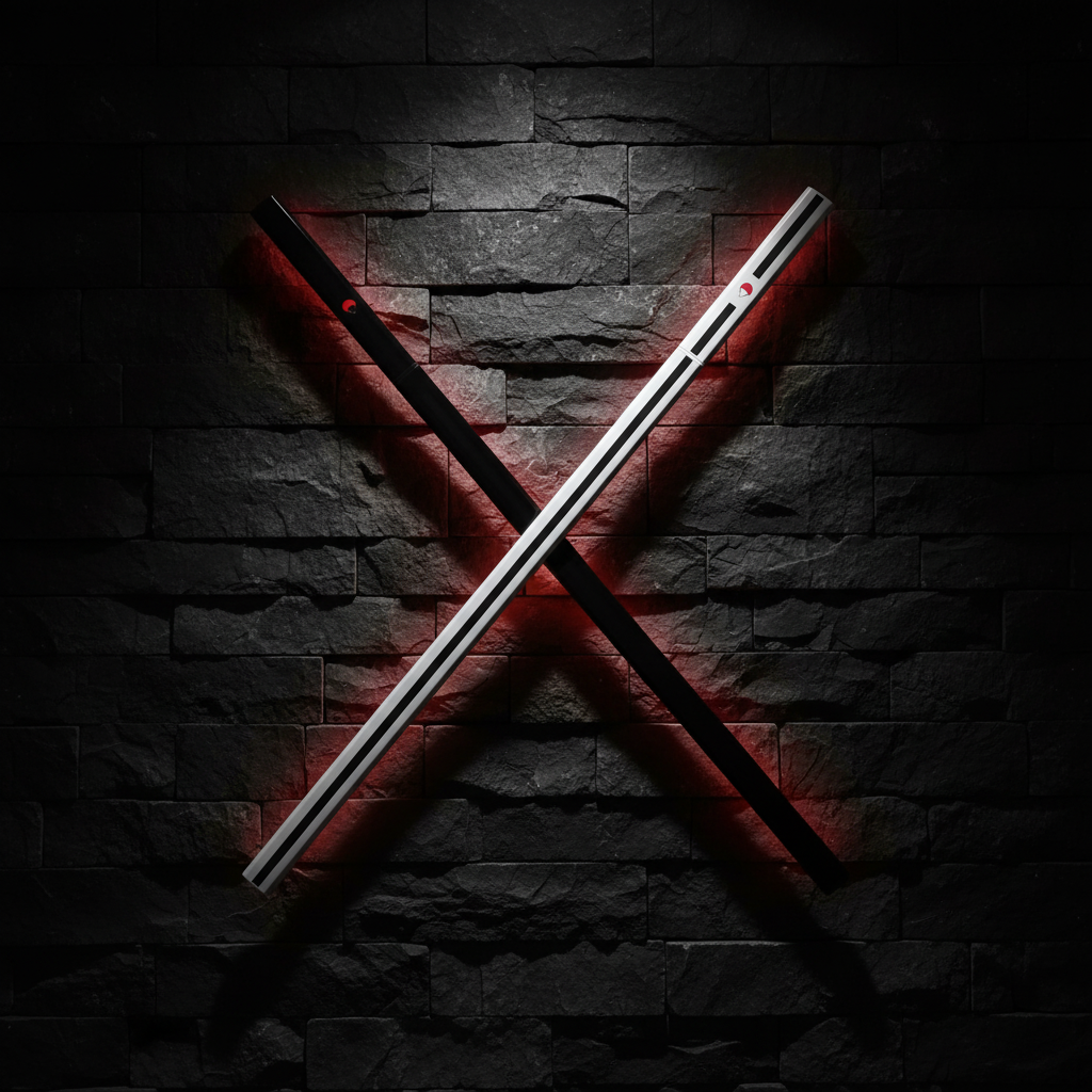 Katana Sasuke Uchiha nera e bianca incrociate a parete stile dark luxury