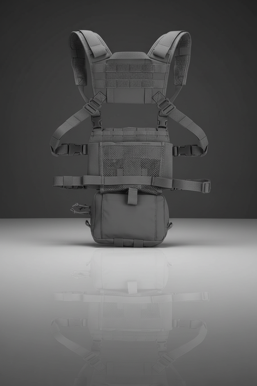 Pettorina tattica softair Big Foot R Assault Chest Rig Grigio - vista posteriore con pannello MOLLE e tasca utility su sfondo scuro piano a specchio