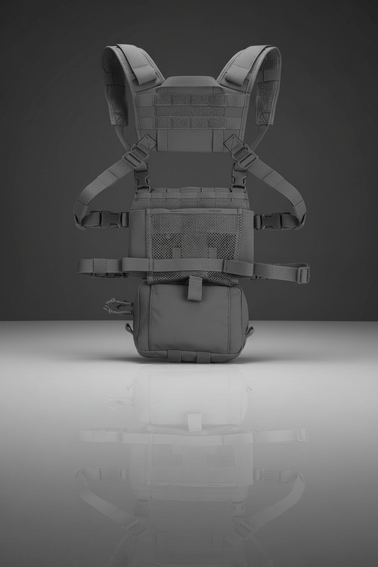 Pettorina tattica softair Big Foot R Assault Chest Rig Grigio - vista posteriore con pannello MOLLE e tasca utility su sfondo scuro piano a specchio