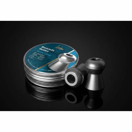 H&N Sport Baracuda Hunter piombini hollow point 5,5mm 200pz su sfondo scuro con piano a specchio