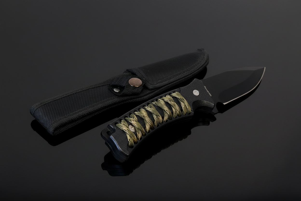 Taktisches Messer Cougar Collection mit schwarzer Feststehender Klinge aus 420 Stahl, ABS-Griff mit Tarnfarben-Cordura-Wicklung und schwarzer Cordura-Scheide – dunkler Hintergrund mit Spiegeleffekt