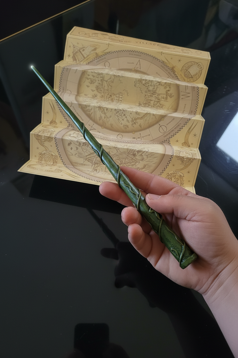 Mano che tiene la bacchetta Hermione con mappa incantesimi