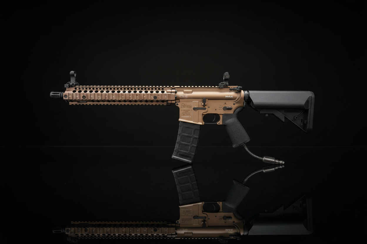 EMG Daniel Defense DDM4 HPA Dark Earth – vista laterale su sfondo scuro con piano a specchio