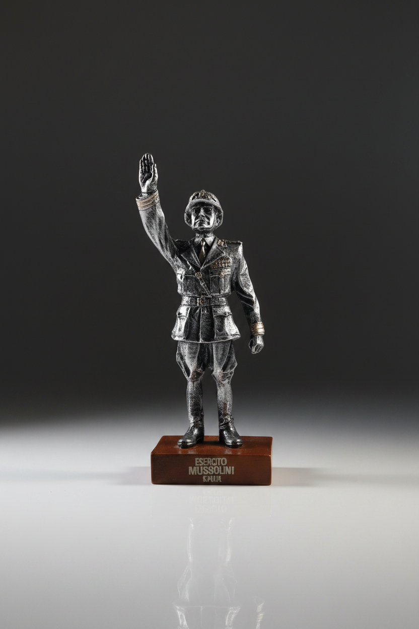 Statuetta Benito Mussolini saluto romano in resina argentata - vista frontale
