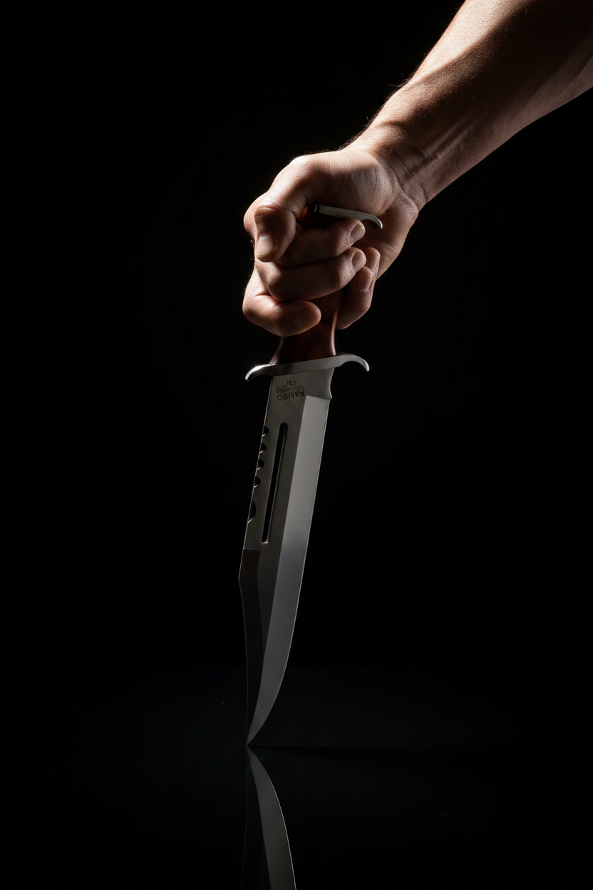 Rambo III hunting knife held in reverse grip with blade facing outward – original replica with steel blade and leather sheath