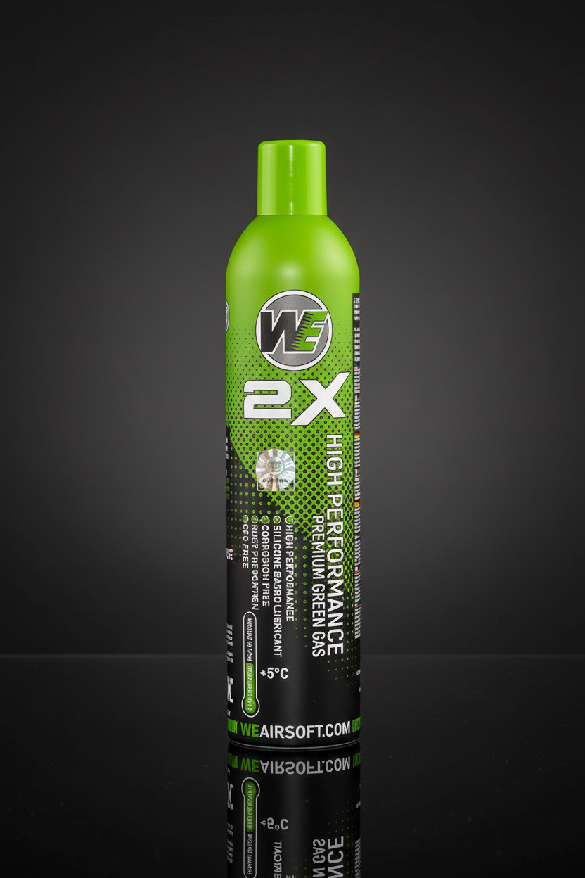 Bombola Green Gas WE 2.0 da 800 ml su sfondo scuro e piano a specchio