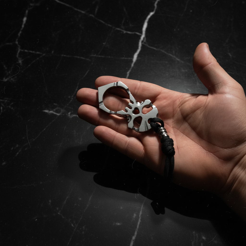 Portachiavi teschio in acciaio per difesa personale tenuto in mano