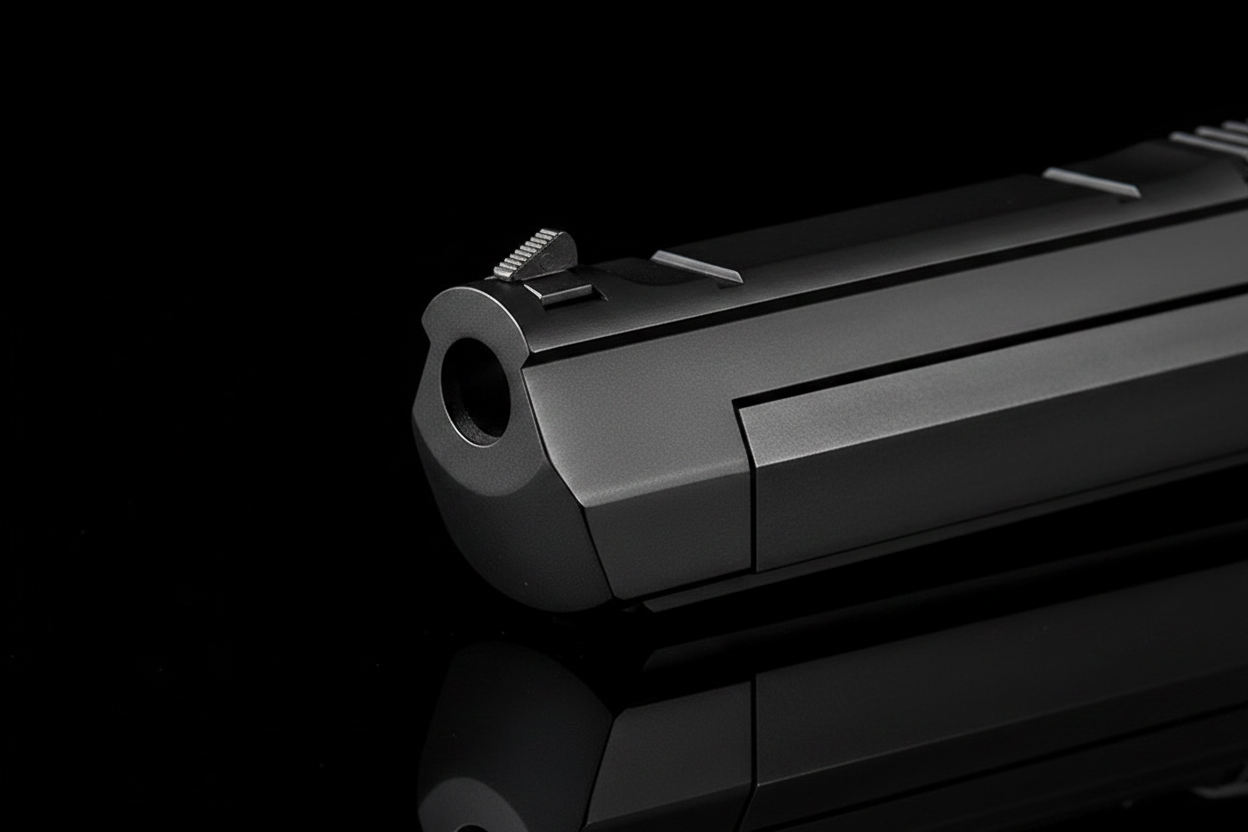 Dettaglio macro bocca canna esagonale Desert Eagle 779S airsoft con mirino anteriore su sfondo nero piano a specchio
