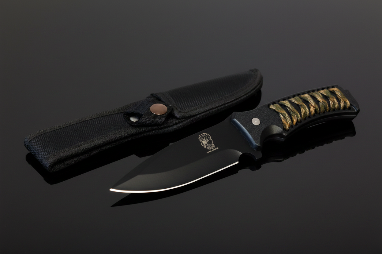 Coltello tattico Cougar Collection a lama fissa nera in acciaio 420 con impugnatura ABS mimetica antiscivolo e fodero in Cordura nera – sfondo scuro con piano a specchio