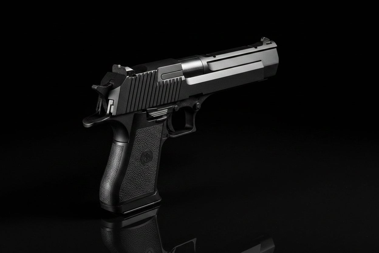 Double Bell Desert Eagle 779S airsoft vista tre quarti posteriore con impugnatura texturizzata e sicura rossa su sfondo nero piano a specchio