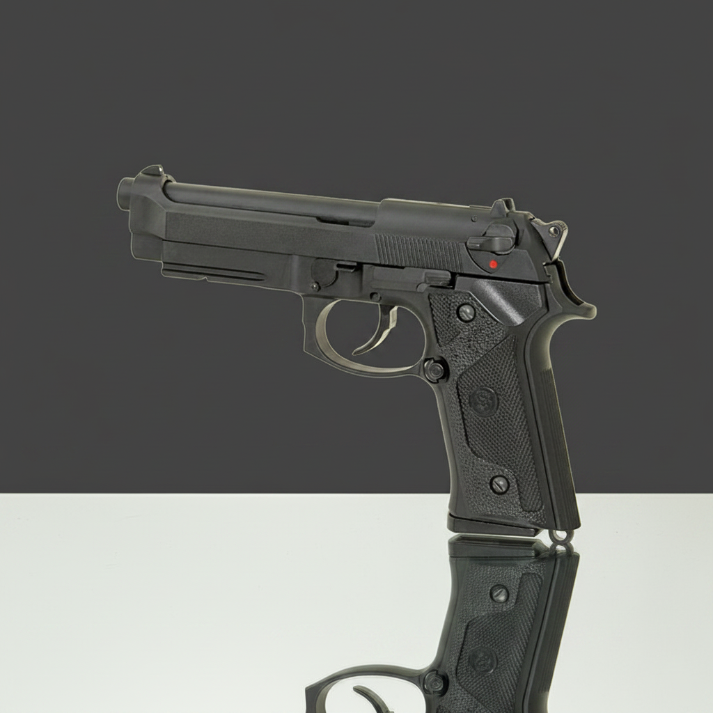 Pistola softair a gas M9 Vertec Blowback nera - vista laterale sinistra su sfondo scuro piano a specchio