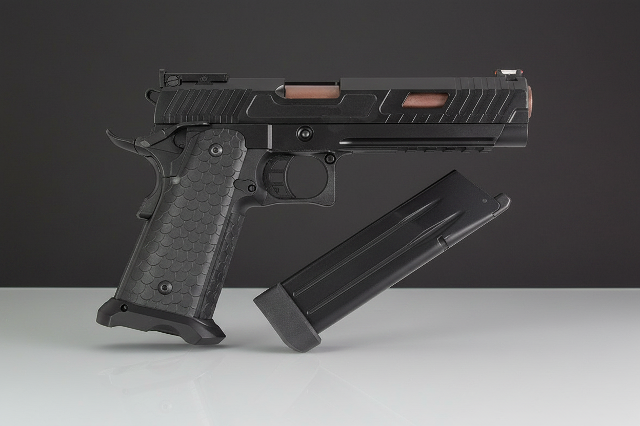 Pistola airsoft JW3 Baba Yaga Gas Blowback Full Metal con caricatore su sfondo scuro piano a specchio