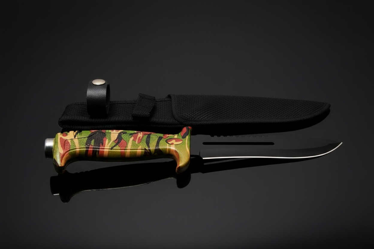 Militärmesser mit Tarngriff und schwarzer Klinge – Marines The Cuba – mit Cordura-Scheide auf dunklem Hintergrund mit Spiegeleffekt
