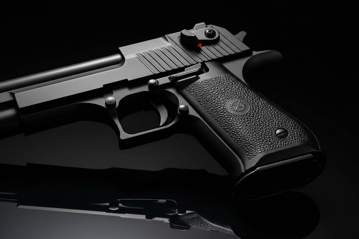 Dettaglio macro sicura con punto rosso grilletto e impugnatura texturizzata Desert Eagle 779S airsoft su sfondo nero piano a specchio