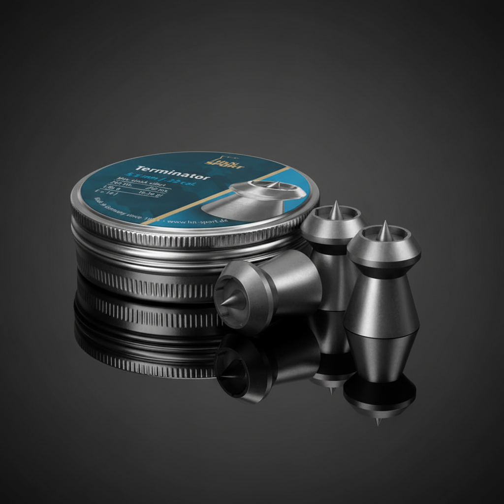 H&N Sport Terminator piombini hollow point a stella 5,5mm 200pz su sfondo scuro con piano a specchio