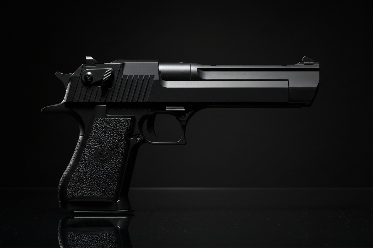 Double Bell Desert Eagle 779S pistola airsoft vista laterale destra con impugnatura texturizzata e mirino posteriore su sfondo nero