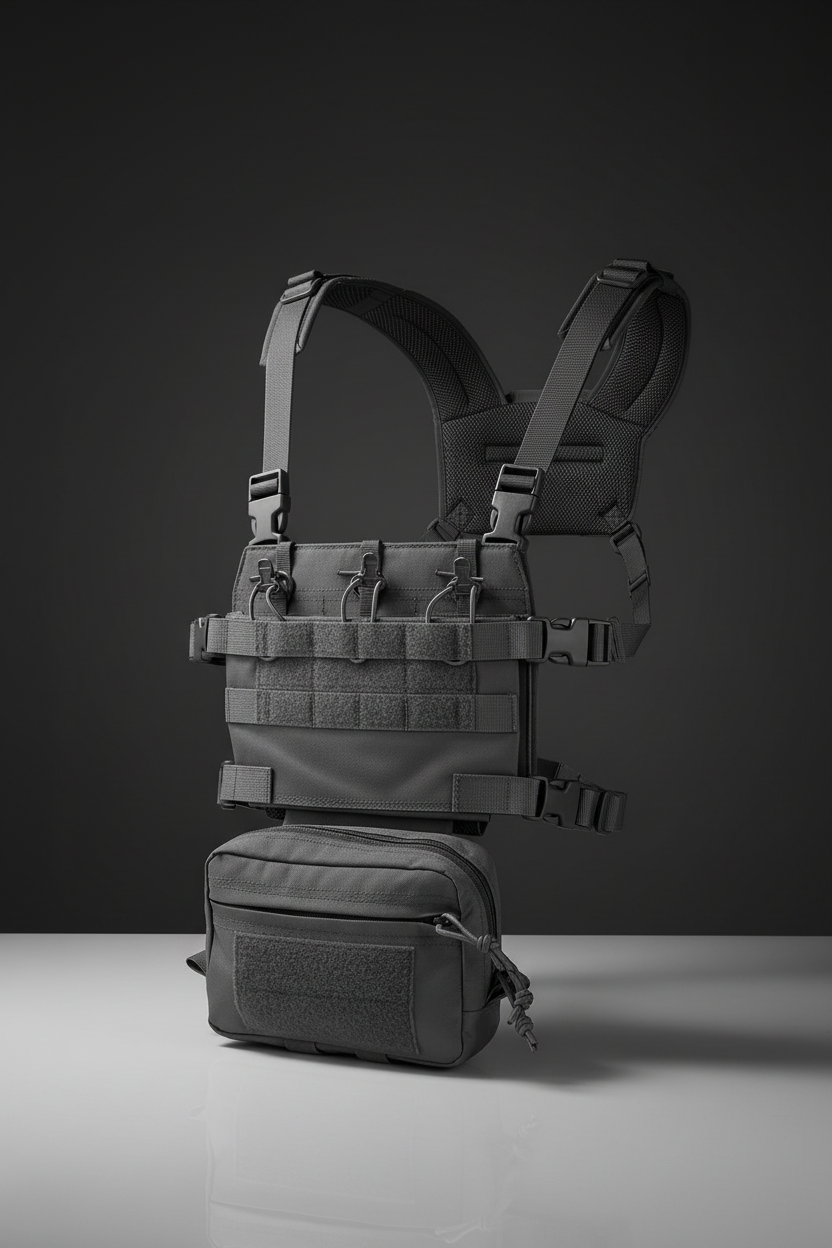 Pettorina tattica softair Big Foot R Assault Chest Rig Grigio - vista 3/4 con sistema MOLLE e tasca utility su sfondo scuro piano a specchio