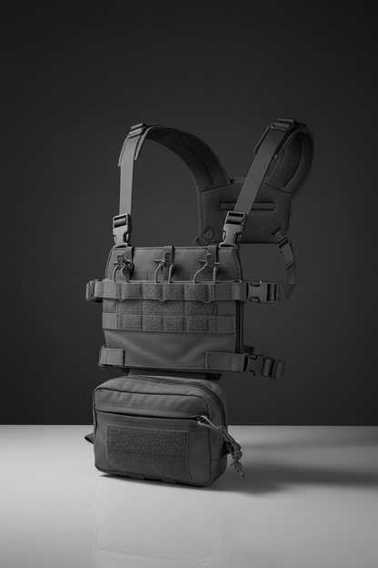Pettorina tattica softair Big Foot R Assault Chest Rig Grigio - vista 3/4 con sistema MOLLE e tasca utility su sfondo scuro piano a specchio