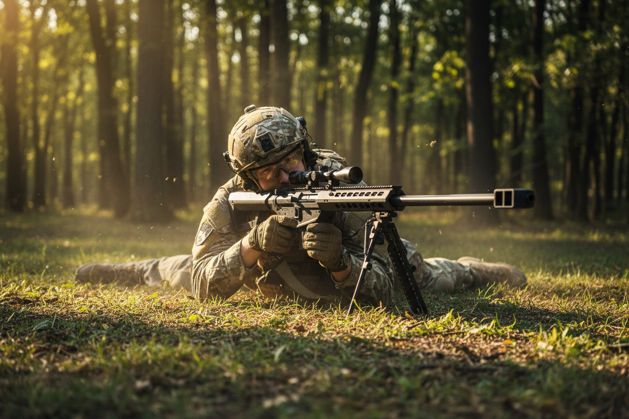 Giocatore softair in azione con fucile sniper Barrett M82A1