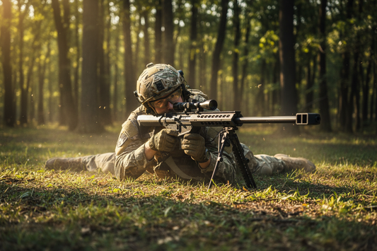 Giocatore softair in azione con fucile sniper Barrett M82A1