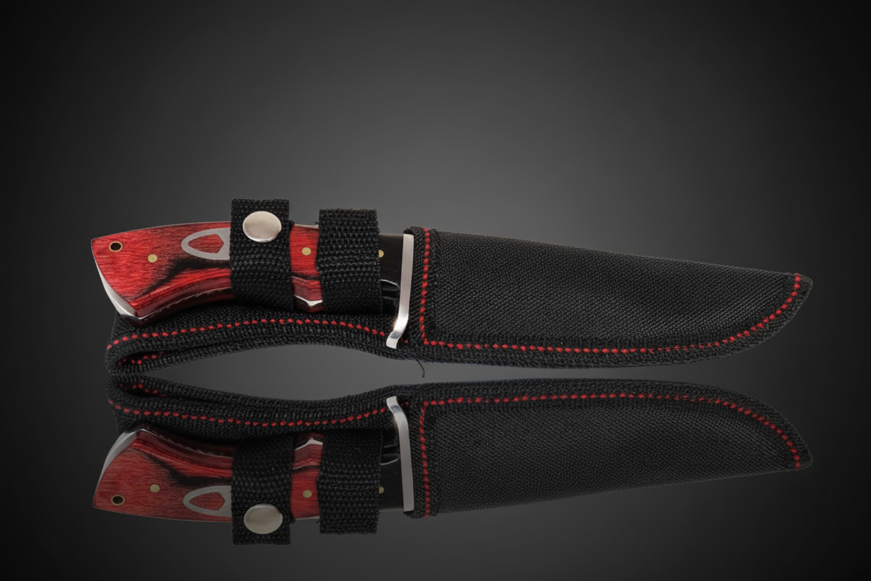 Cuchillo de hoja fija con mango de madera roja en funda de Cordura negra con costura roja y clip de cinturón – fondo oscuro con efecto espejo