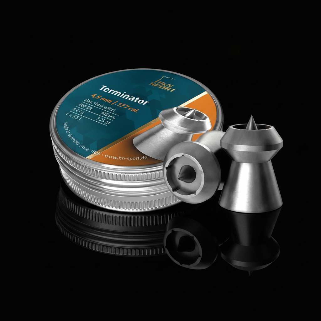 H&N Sport Terminator piombini hollow point a stella 4,5mm 400pz su sfondo scuro con piano a specchio