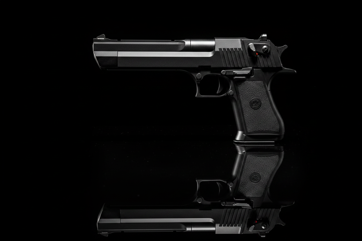 Double Bell Desert Eagle 779S pistola airsoft gas blowback vista laterale sinistra su sfondo scuro con piano a specchio