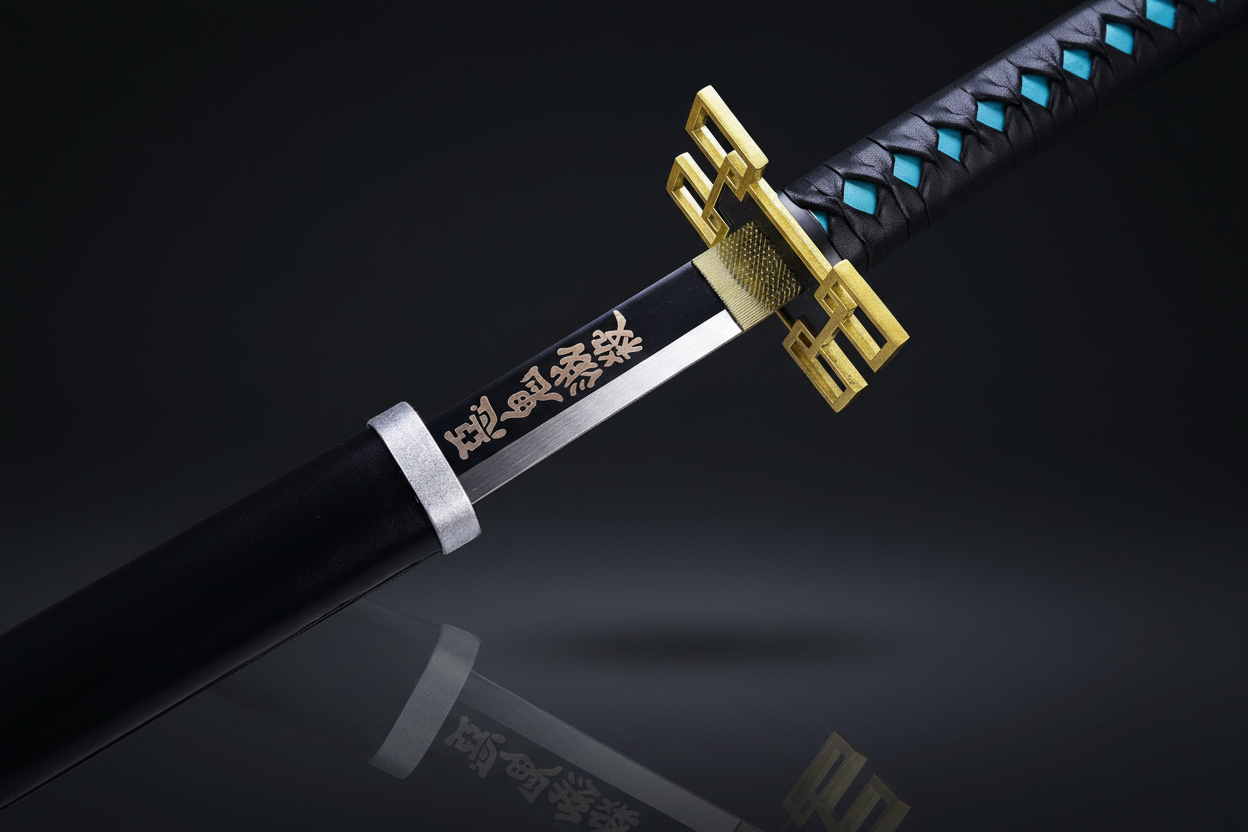 Katana Muichiro Tokito – Dettaglio tsuba dorata e impugnatura blu-verde
