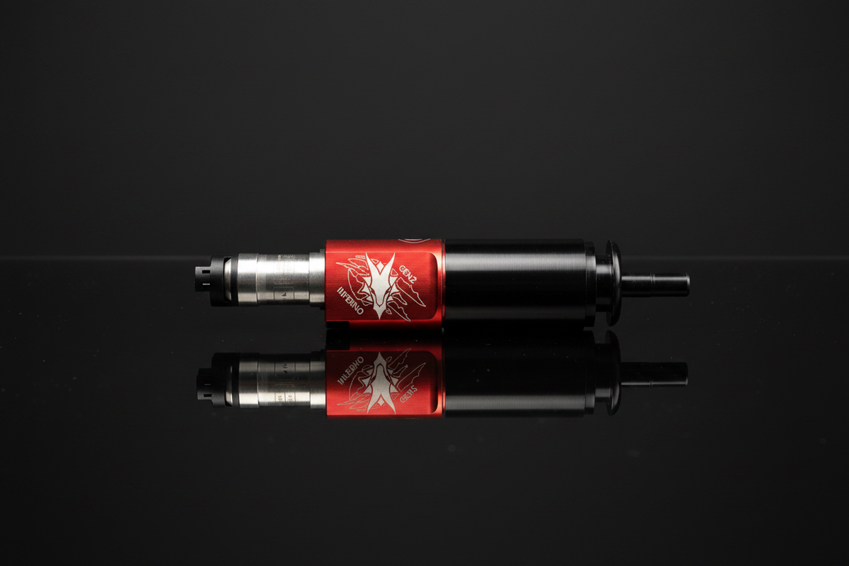 Motore HPA Wolverine INFERNO Gen 2 rosso e nero, vista orizzontale su sfondo scuro