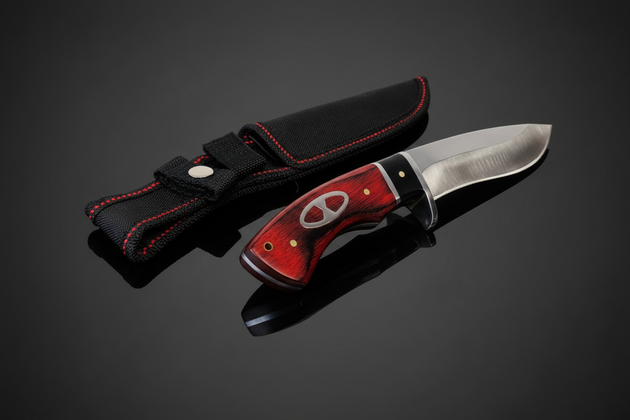 Jagdmesser mit festem Blatt und echtem Holzgriff in Dunkelrot mit schwarzer Cordura-Scheide mit roter Naht – dunkler Hintergrund mit Spiegeleffekt