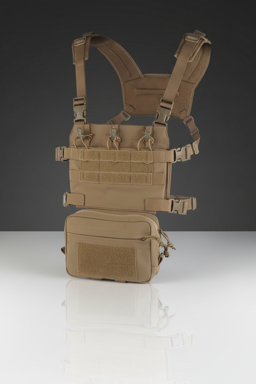Pettorina tattica softair Big Foot R Assault Chest Rig Tan - vista 3/4 con sistema MOLLE e tasca utility su sfondo scuro piano a specchio