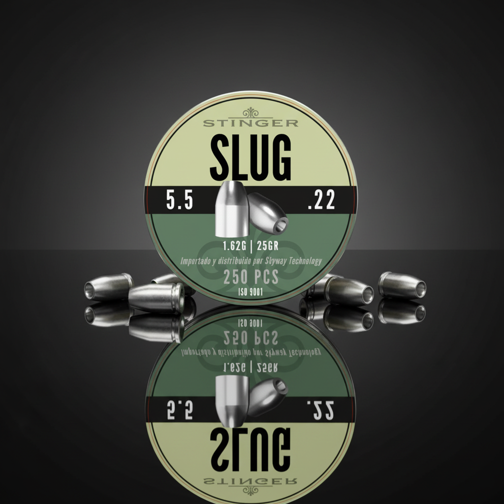 Stinger Slug piombini 5,5mm 1,62g 250pz su sfondo scuro con piano a specchio