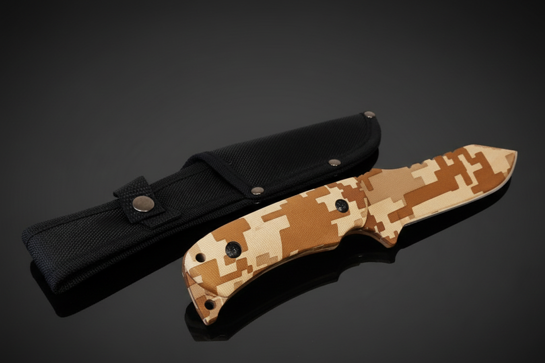 Taktisches Messer Desert Storm mit feststehender Klinge und digitalem Wüstentarn-Muster auf Klinge und ABS-Griff neben schwarzer Cordura-Scheide – dunkler Hintergrund mit Spiegeleffekt