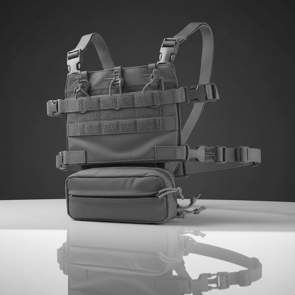 Pettorina tattica softair Big Foot R Assault Chest Rig Grigio - dettaglio pannello MOLLE con fibbie e tasca utility su sfondo scuro piano a specchio