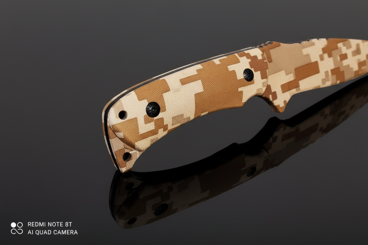 Detalle del mango del cuchillo Desert Storm en ABS antideslizante con patrón de camuflaje digital desierto tan y tornillos negros – fondo oscuro con efecto espejo