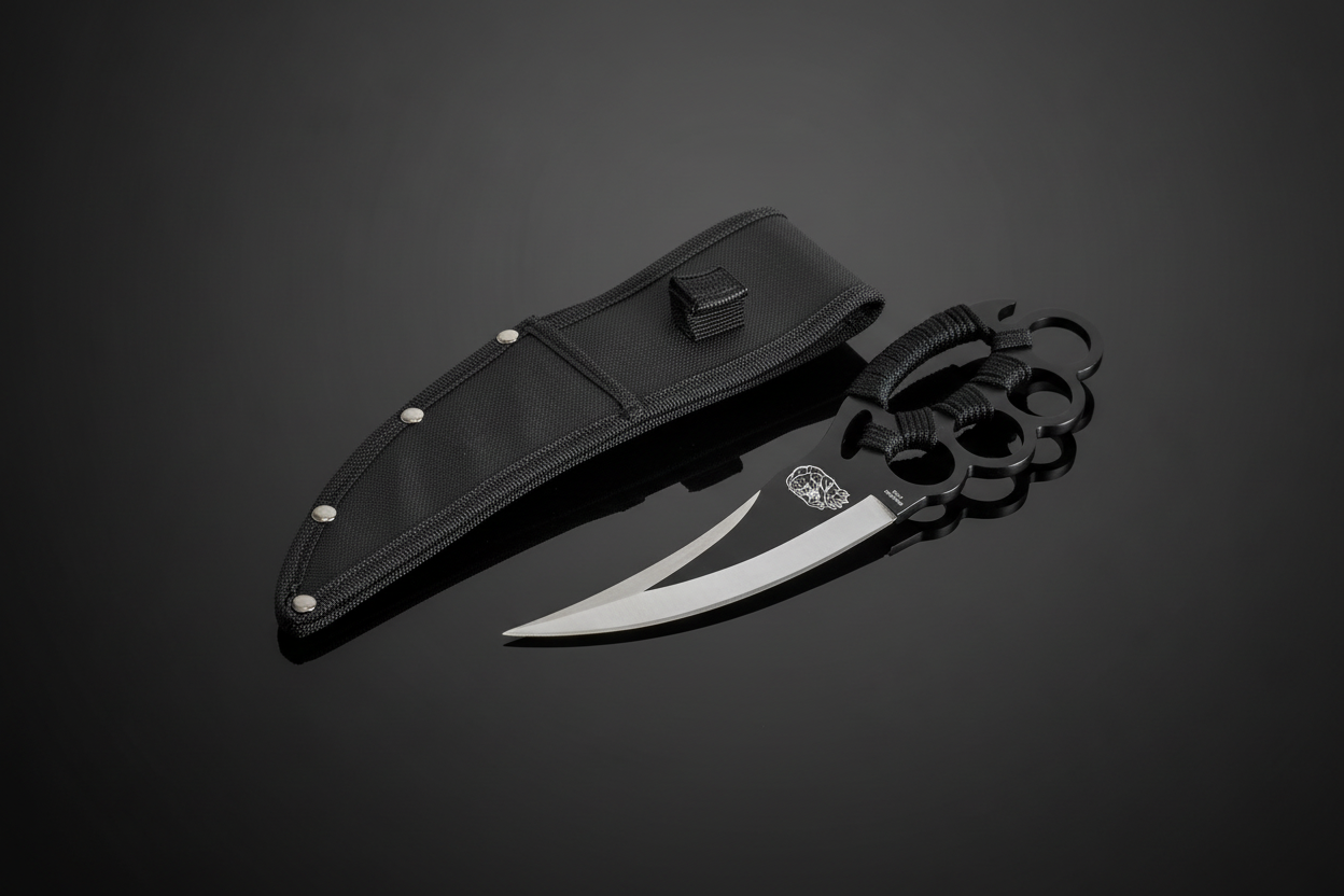 Coltello tattico Black Mamba Knuckle Duster con guardia a 4 anelli in acciaio nero e lama curva bitonale accanto al fodero in Cordura nera – sfondo scuro con piano a specchio
