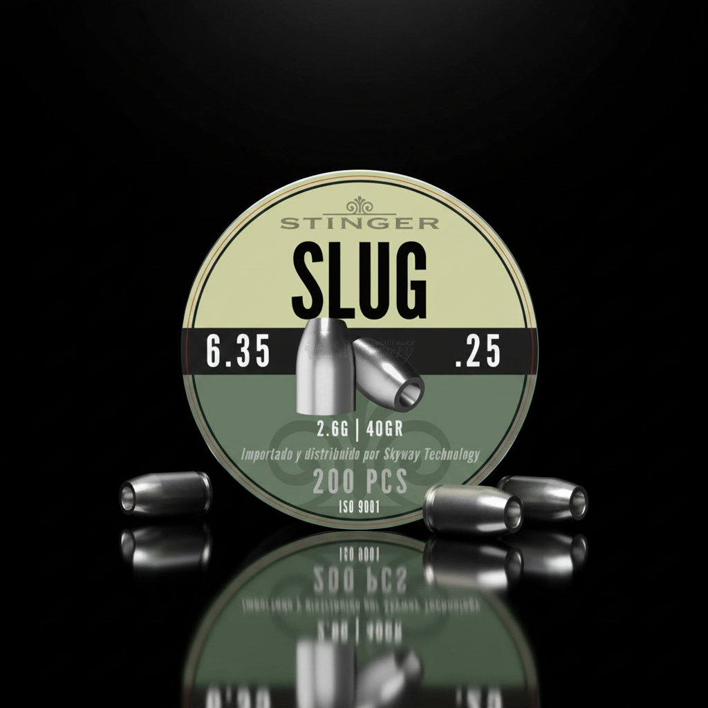 Stinger Slug piombini 6,35mm 2,6g 200pz su sfondo scuro con piano a specchio